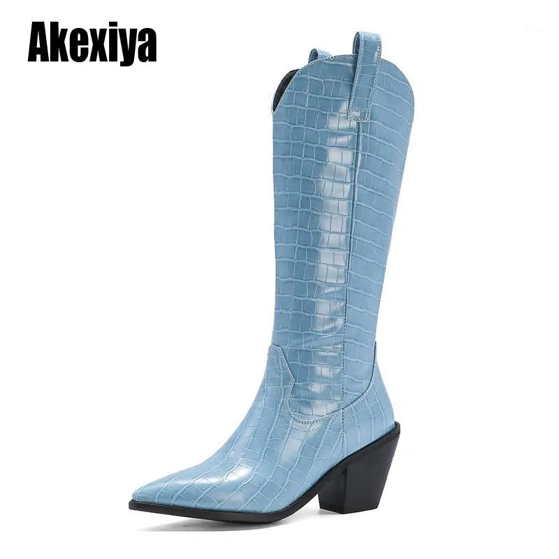 Black blue White Knee High Boots Western Cowboy Boots for Women Long Winter Pointed Toe Cowgirl wedges Motorcycle1