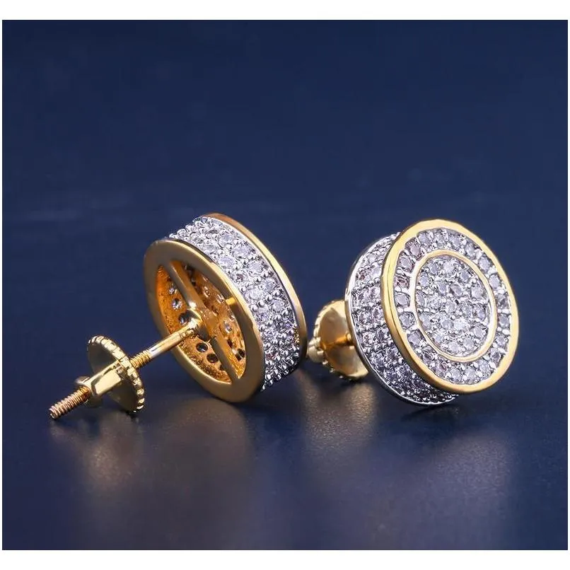 12mm iced out bling cz round earring gold silver color plated stud earrings screw back fashion hip hop jewelry