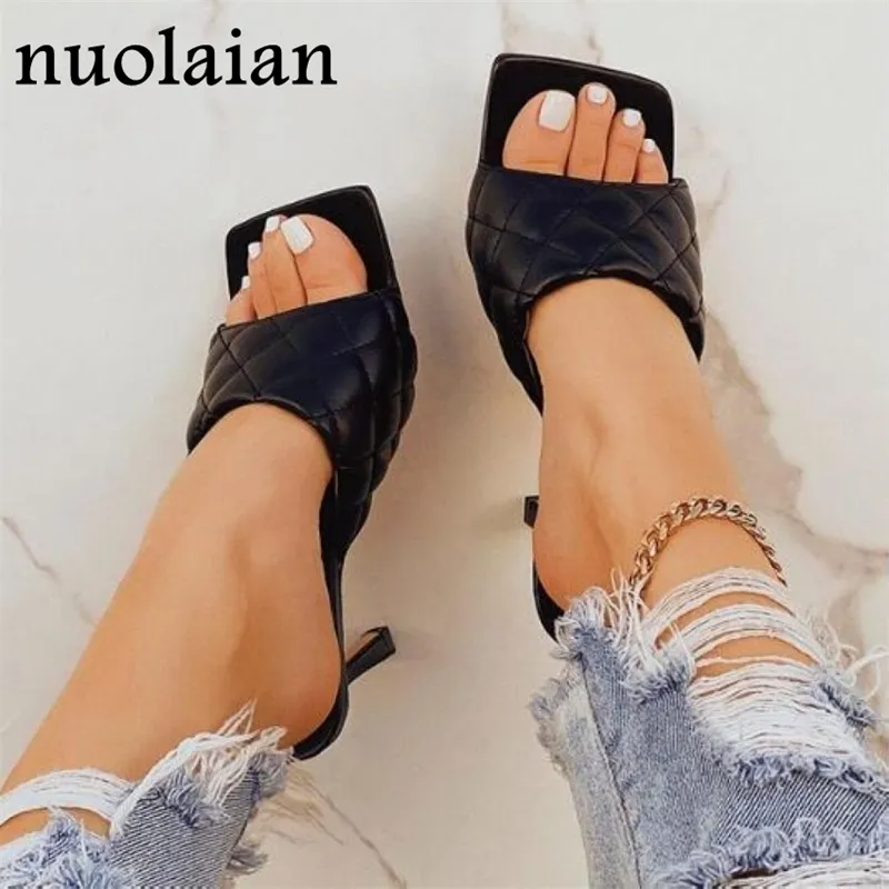 9cm Kvinnor Sandal Skor Sommar Peep Toe High Heels Slipper Kvinna Bröllop Sandaler Svart Läder Högklackat Sko Pumpar Wedge Y200620