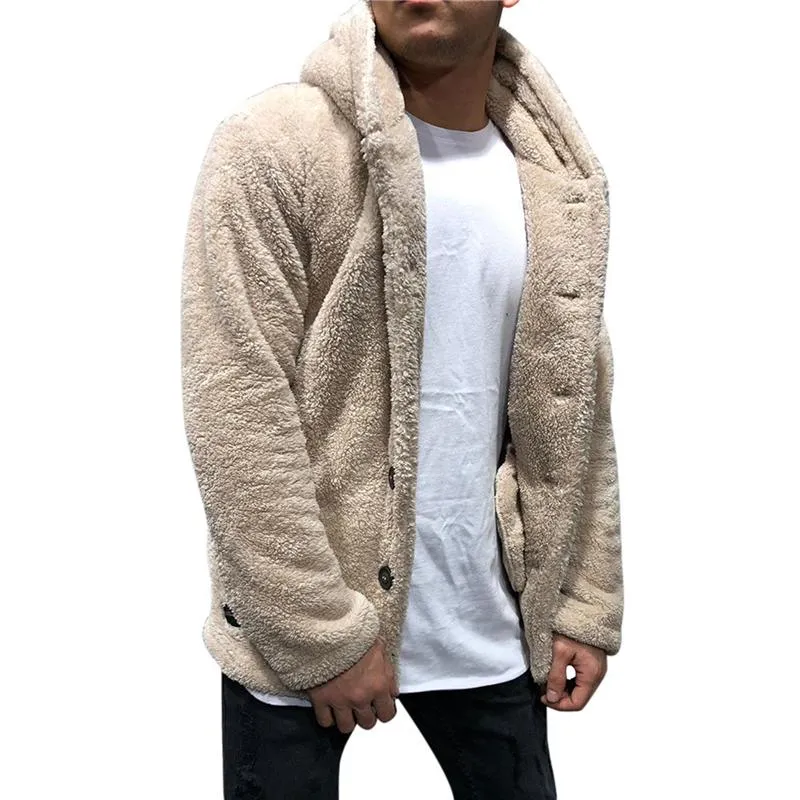 Mens Jackets Buttons Coat Warm Faux Winter Casual Loose Double-Sided Plush Hoodie Fluffy Fleece Fur Jacket Hoodies Outerwear