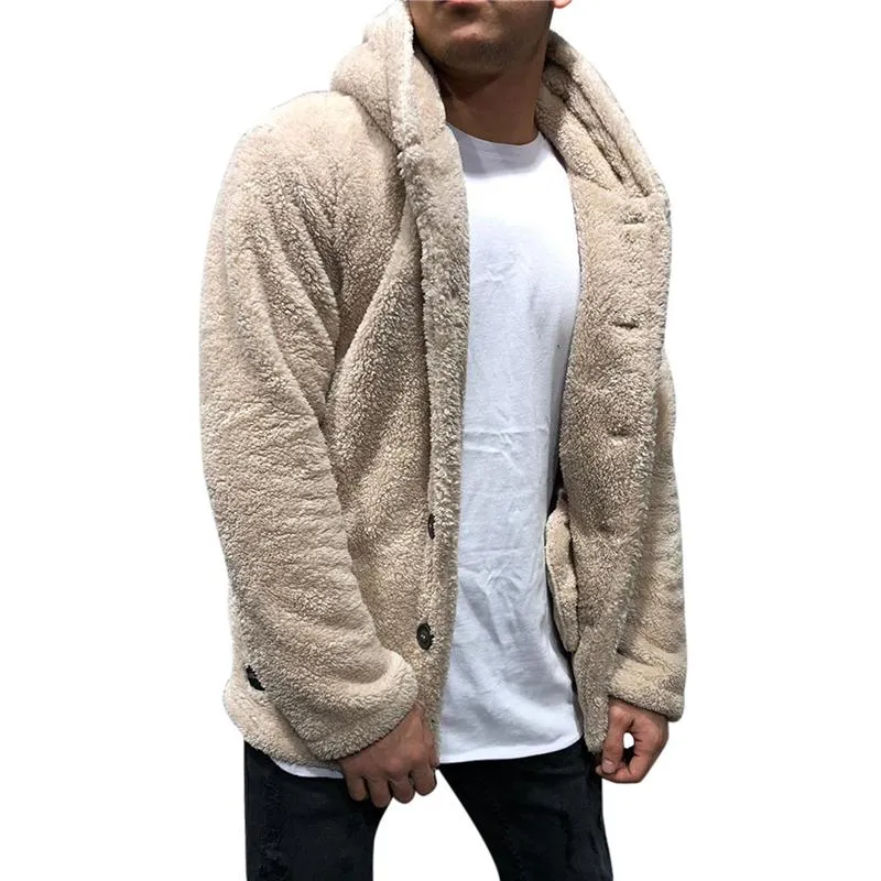 Heren Jassen Knoppen Jas Warm Faux Winter Casual Losse Dubbelzijdige Pluche Capuchon Pluizige Fleece Bont Jas Hoodies Bovenkleding