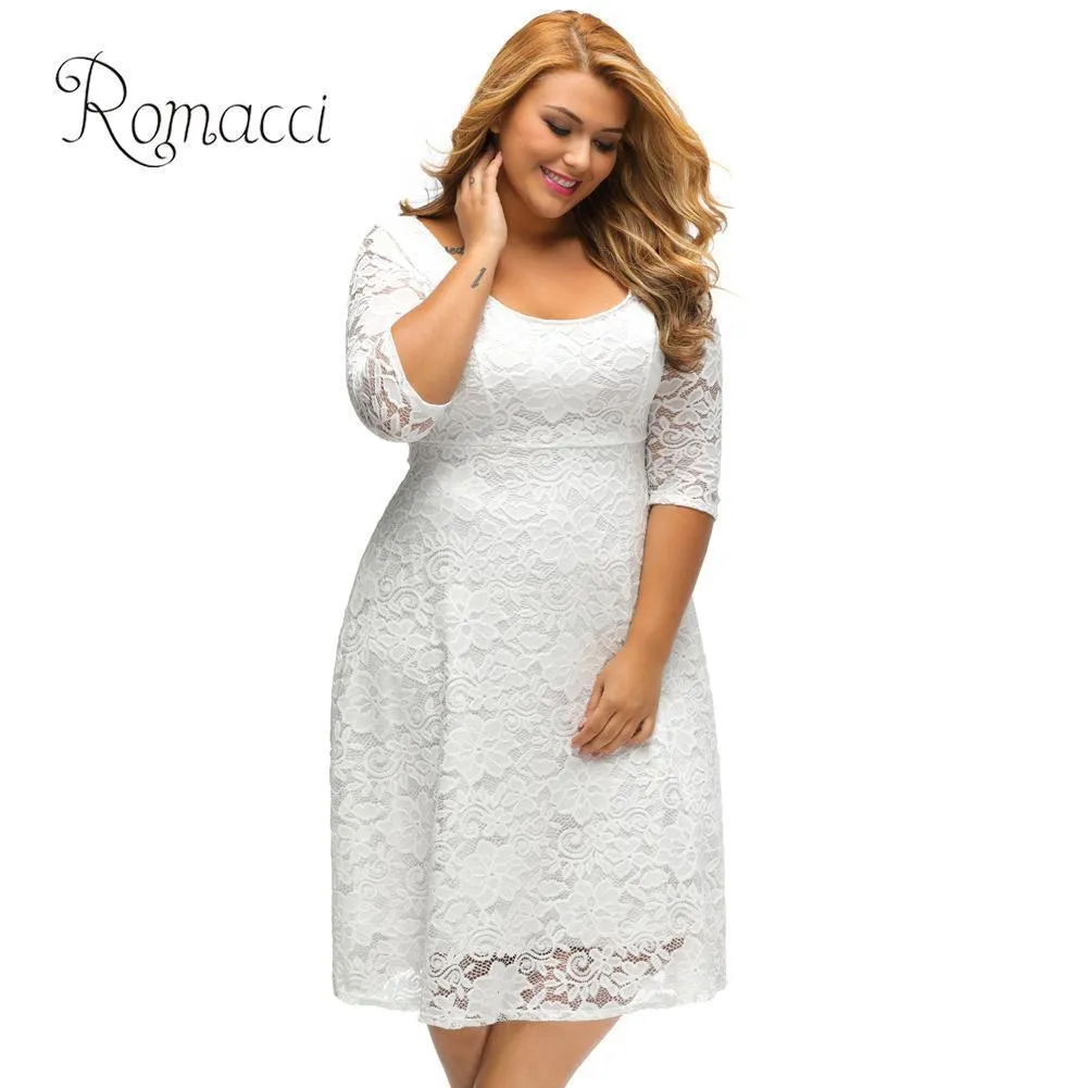 Romacci Kobiety Białe Sukienki Koronkowe 2018 Wysokiej Jakości Kwiatowy 3/4 Rękaw A-Line Plus Size Sukienka Kobieta V Zip Back Black Party Dress T190608