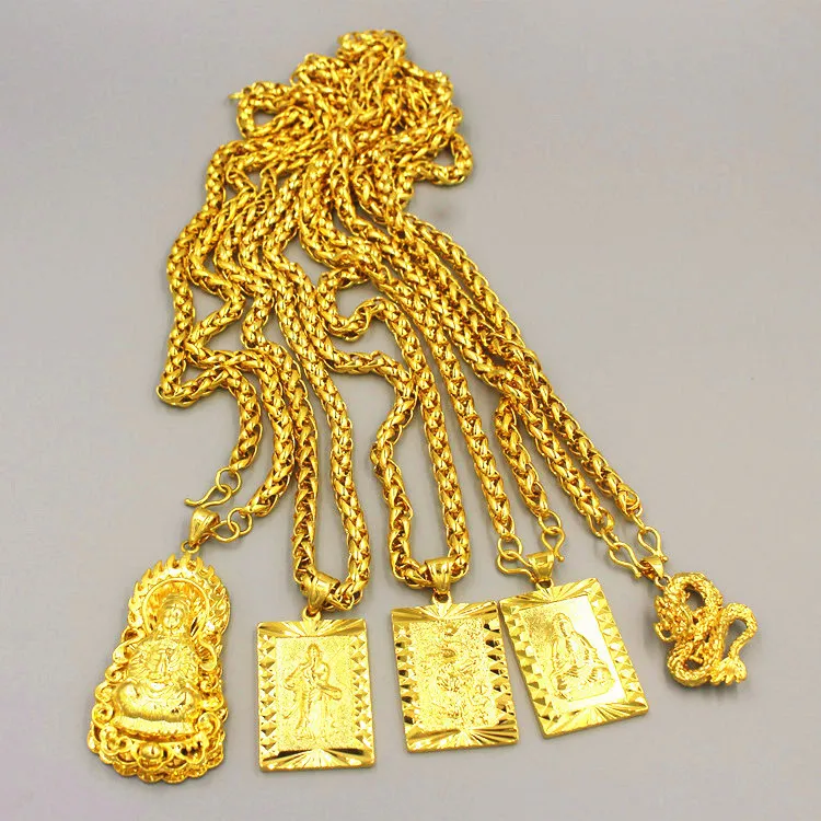 Exaggerated Long Chains 24K Gold Wide Necklace for Men Jewelry Big Gold Necklace Buddha Chinese Dragon Totem Necklace for Men Y1220