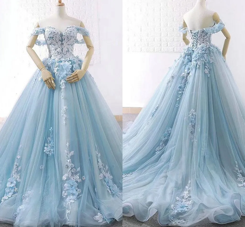 2021 العاج الرباط الطفل الأزرق تول فساتين Quinceanera قبالة الكتف يدوية زهور مطوي الدانتيل متابعة الأميرة الحفلة الراقصة اللباس الحلو 15 بنات