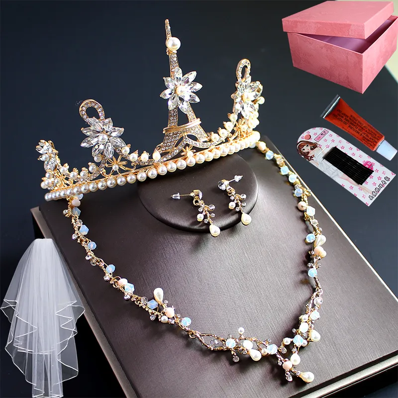 Ny Send Box Romantic Crown Headdress Luxury Earrings Halsband Fashion Three-Piece Bridal Knot Wedding Princess Vuxen smycken