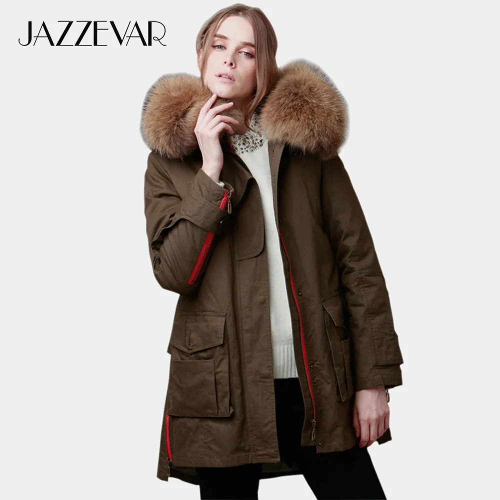 Jazzevar Femmes Veste d'hiver Armée Vert détachable Grand véritable col de fourrure de couleur de raton laveur Femme Parkas Manteau à capuche 2in1 Outwear 200928