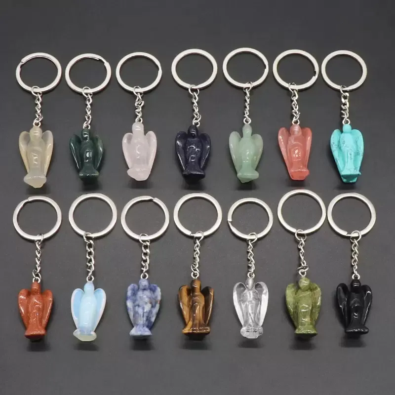 Natursten KeyRings Crystal Agate Stone Carved Angel Key Chain Jade Opal Green Aventurine Turkos Nyckelringar