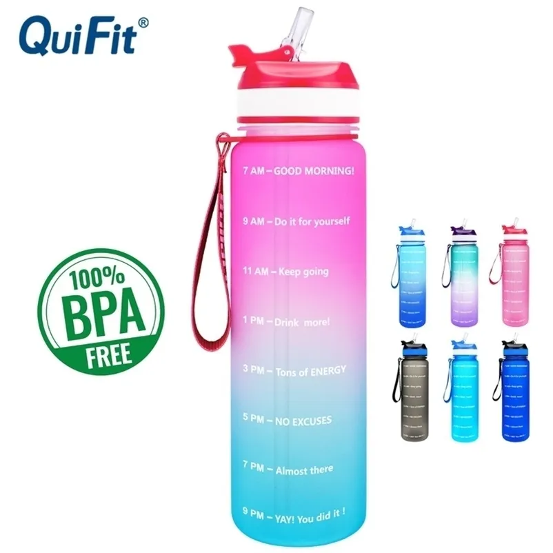 QuiFit 1L 34OZ Tritan Bouteille D'eau Avec Paille Ou Filp Sans BPA Mes Bouteilles De Boisson Portable Protein Shaker Sports GYM Jug 201106