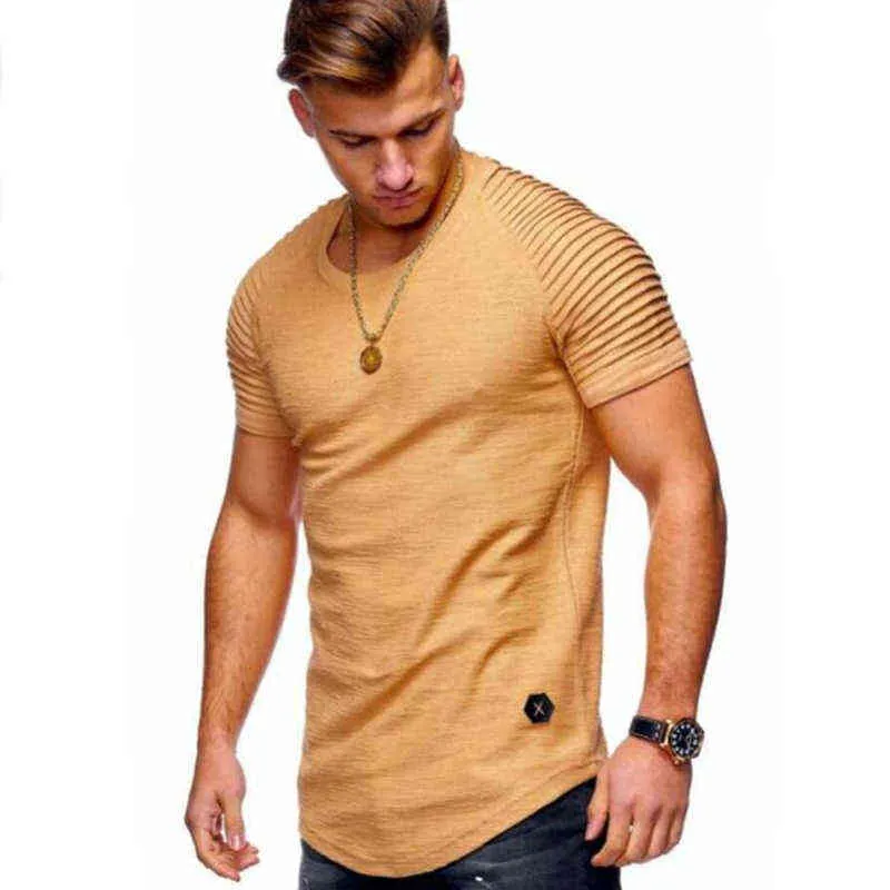 2021 NOUVEAU Hommes O-cou Slim Fit Couleur Unie Court Hommes T-shirt Rayé Pli Manches Raglan Style T-shirt Hommes Hauts T-shirts Taille S-XXXL G1222