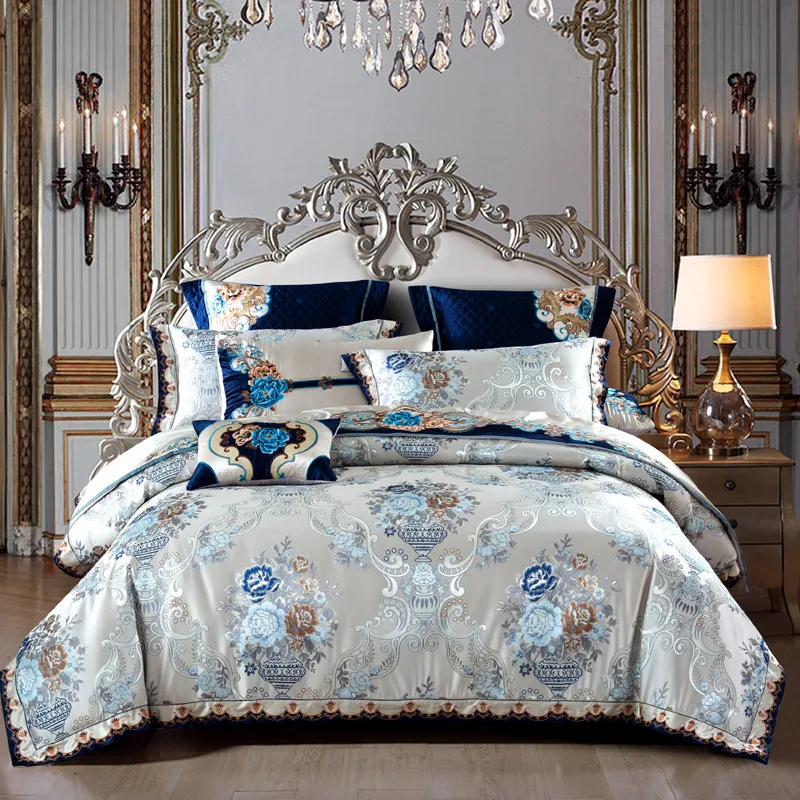 Zilver Gouden Kleur Koning Queen Size Bed Set Satijn Jacquard Katoen Luxe Royal Beddengoed Set Bed Blad Set Dekbedovertrek Bedlinnen T200706