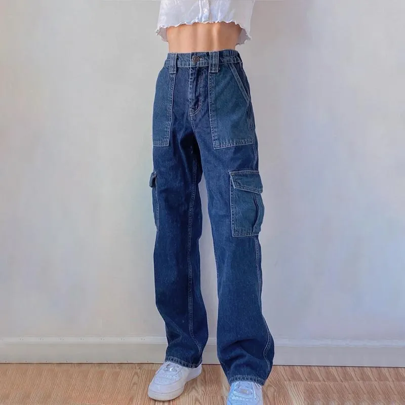 Straigh Bacak Mavi Kot Patchwork Denim Yüksek Bel Bayanlar Kargo Pantolon Kadınlar Uzun Baggy Kot Bayan 90 S Vintage Pantolon