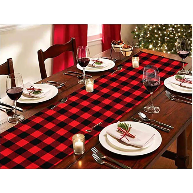 Chemin de table à carreaux rouge pour la décoration de table de Noël Dîners de famille ou rassemblements Décor de mariage de fête en plein air intérieur 33 * 274 cm HH7-1671