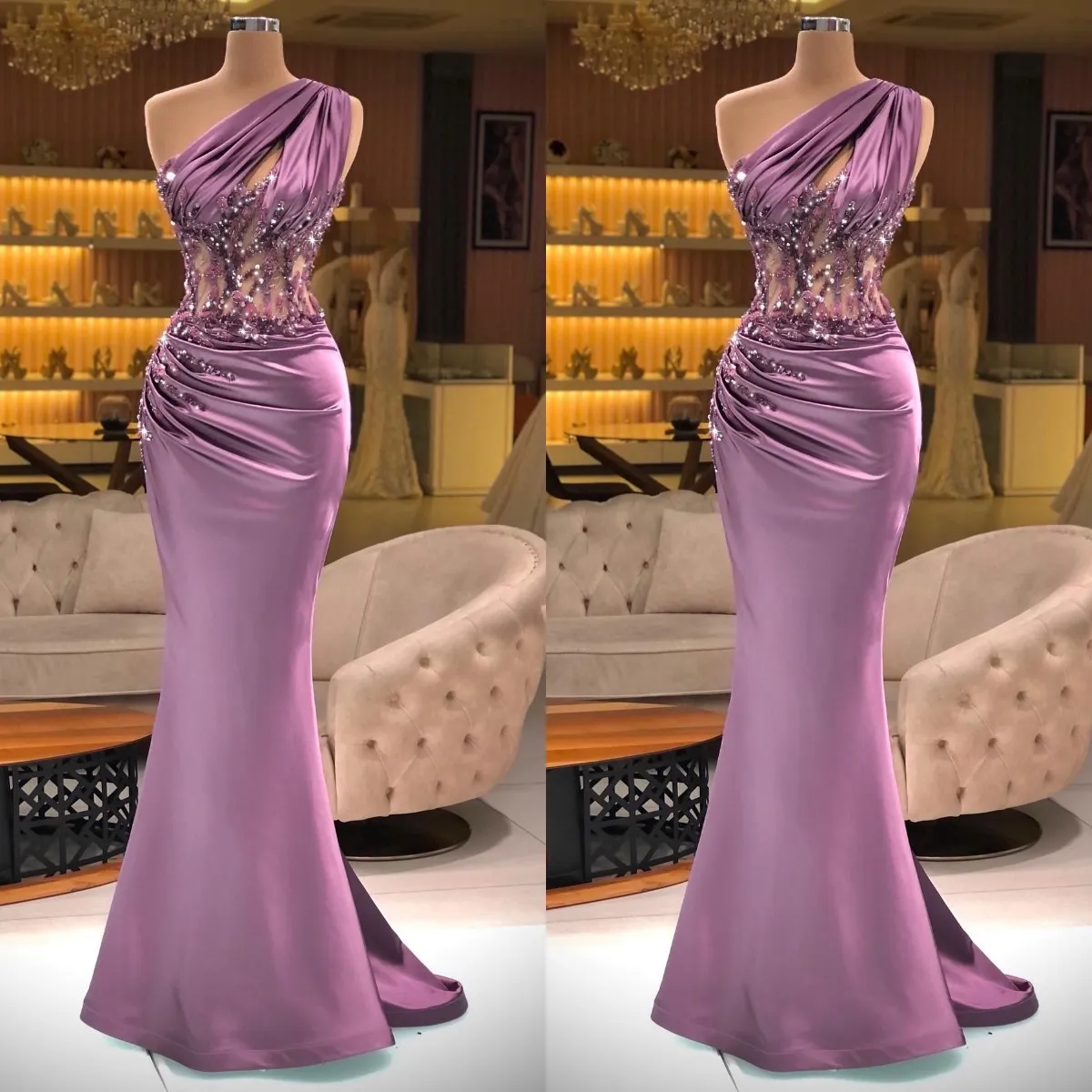 One Shoulder Pleat Mermaid Evening Dresses Floor Length Satin Prom Gowns Lace Applique Beading Runway Slim Party Dress