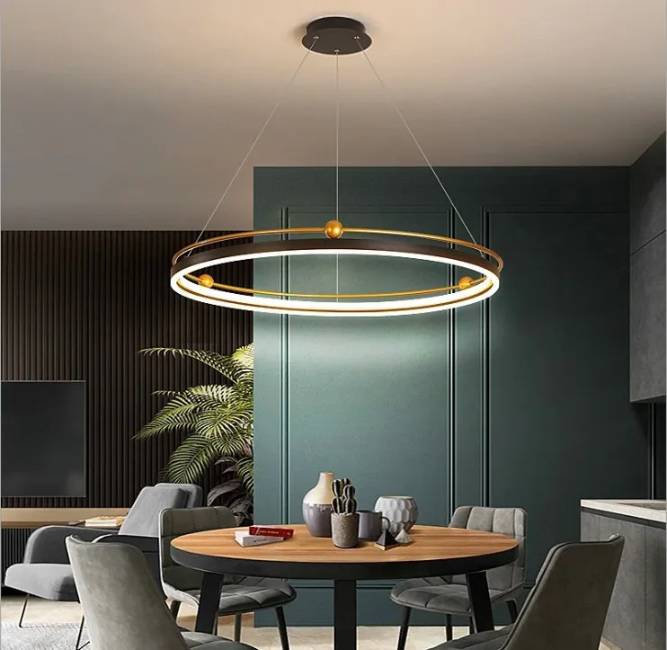 Modern Led Pendant Lamp for the Kitchen Living Room Dining Loft Black Round Circle Hanging Chandelier Interior Lighting Fixture