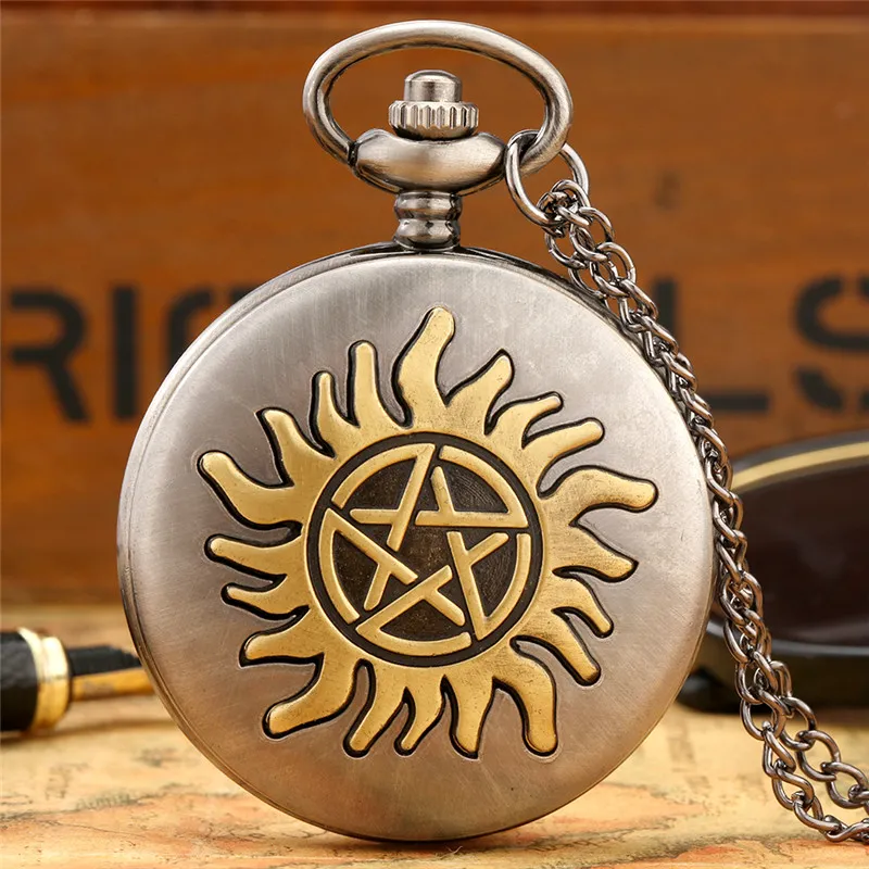 Steampunk Часы Серый цвет сплава Case Case Golden Sky Star Design Analog Кварцевые карманные часы для мужчин Женщины Ожерелье Цепочка Арабский номер Номер