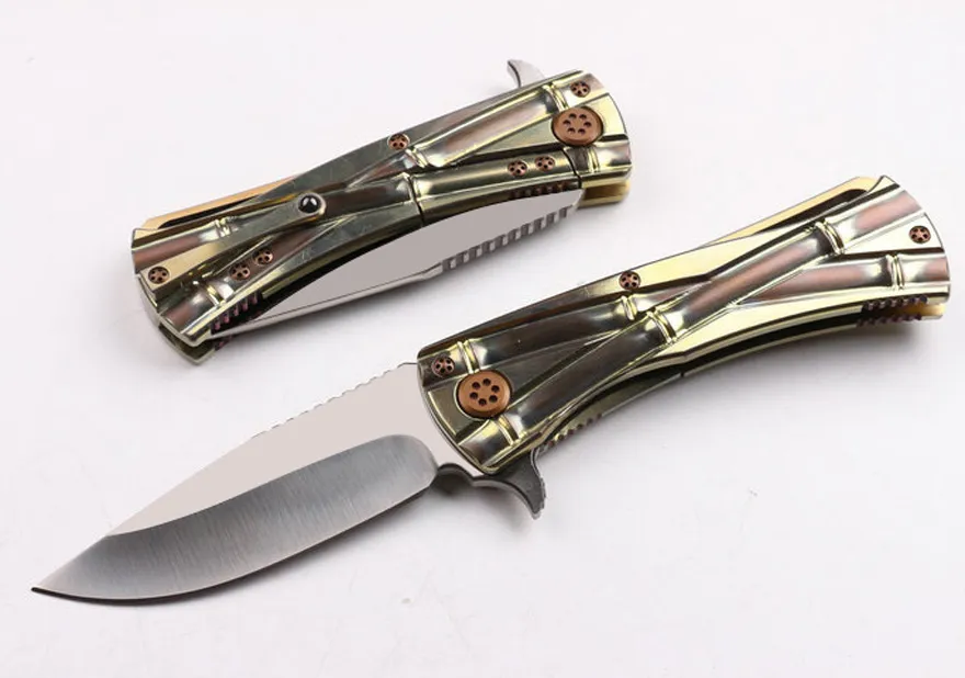 High End Ball Bearing Flipper folding knife D2 Satin Finish Drop Point Blade Two-tone Bronze TC4 Titanium Alloy handle With Nylon Bag