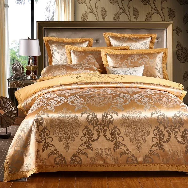 Sateen Bomull Gold Duvet Cover Cotton Bed Sheet Queen King Size 4pcs Bedding Set Luxury Broderi Bed Set Pillow Shams T200706