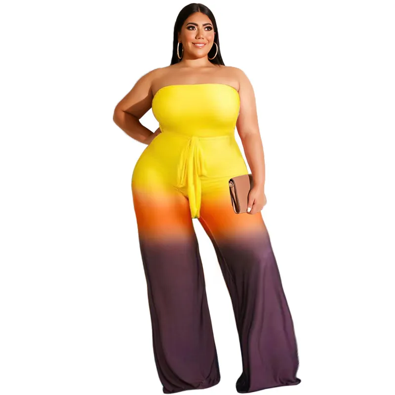 2022 Summer Plus Size Women Jumpsuit Gradient Printing Strapless Sleeveless Elegant Wide Leg Rompers with Sash Casual Overalls