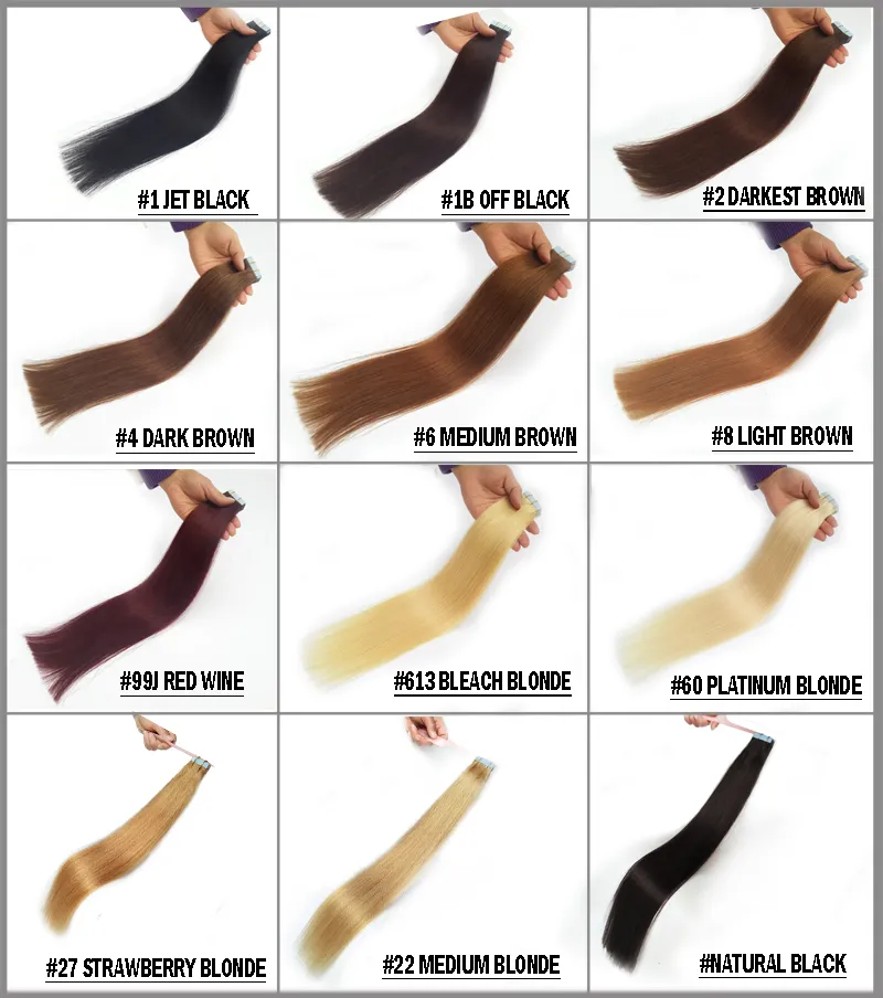 Remy Skin Weft Tape в наращивании волос 100% человеческие волосы бразильские индийские китайские девственные волосы фабрики прямой 12-24 дюйма 20 цветов по желанию