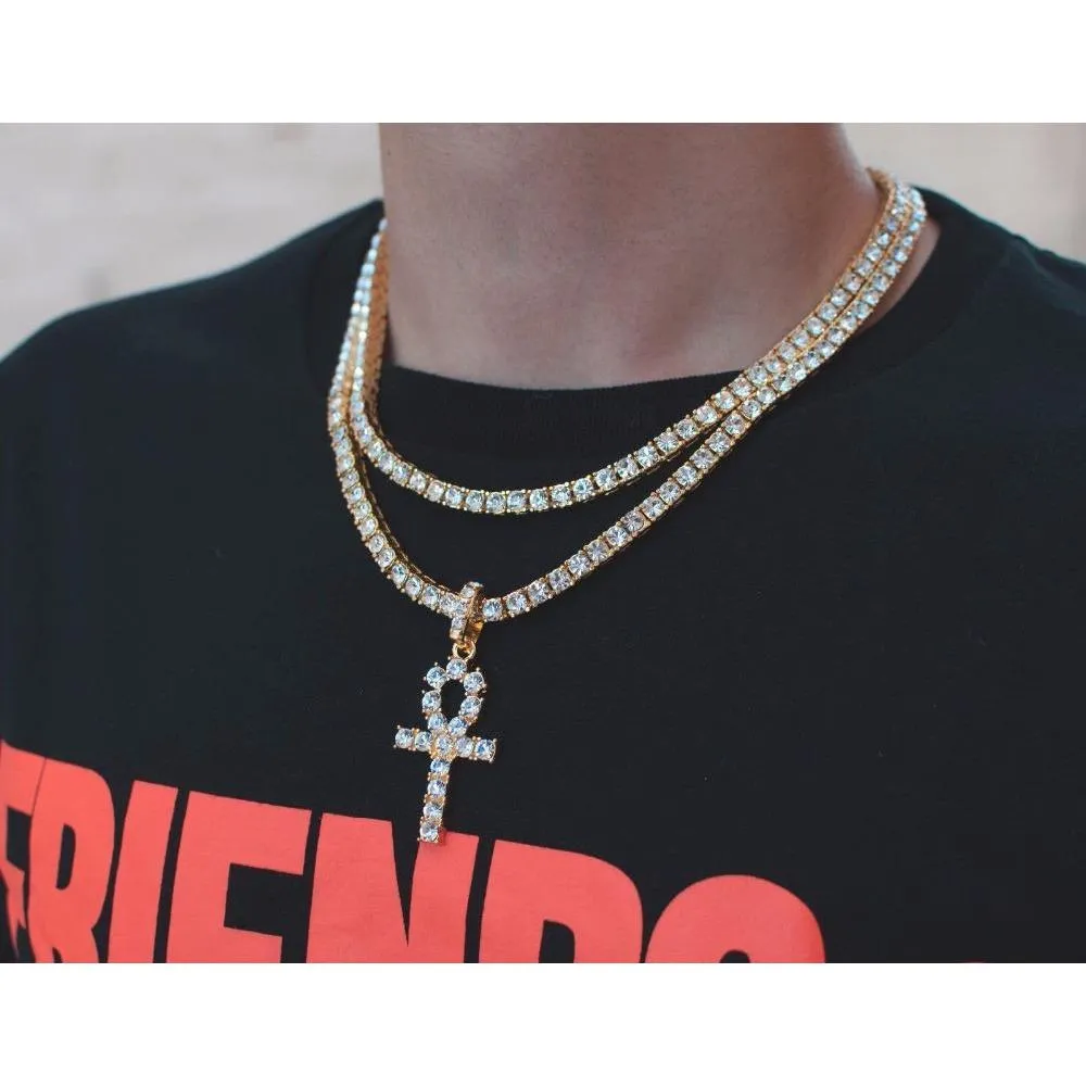 Hip Hop lodowany w zawieszce Ankh Cross Naszyjnik 4 mm łańcuch tenisowy Micro Pave CZ kamienie g Wmtstw Wholle2019