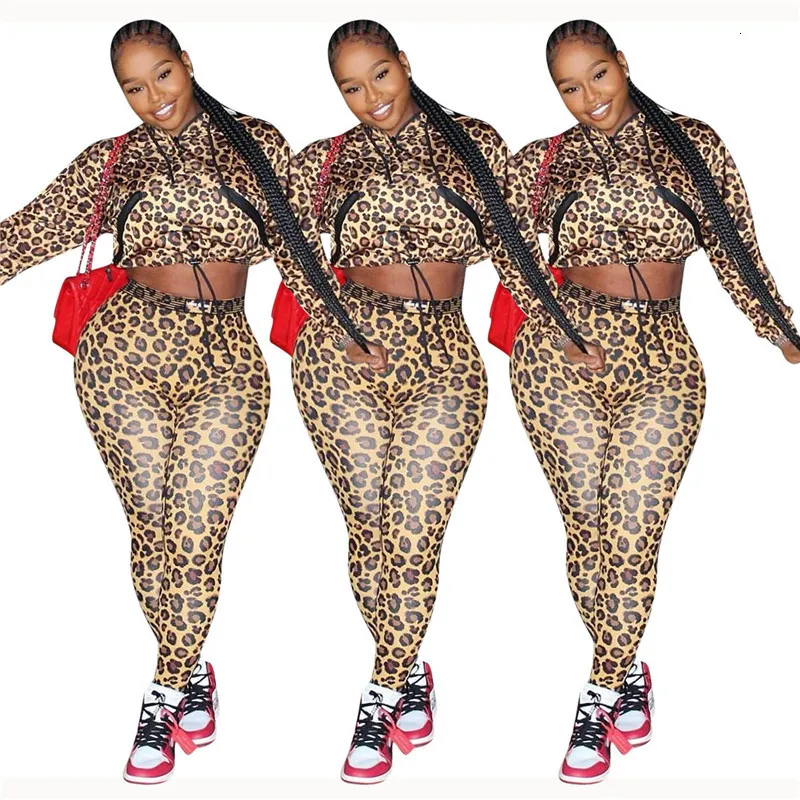 Plus Size Women Clothing Fashion Leopard Long Sleeve Crop Top Skinny 2 Piece Sets Women Designer Clothes2023Women Tracksuits