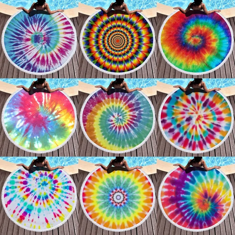 150 * 150 cm Polyester Rundes Strandtuch Regenbogen Tie Dye Quaste Strandtücher Mittagsmatte Sommer Yoga Strandmatte 11 Farben M2866