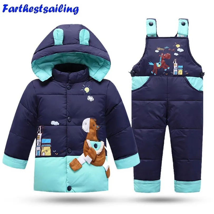 겨울 어린이 의류는 아기 소녀 아래로 자켓 두꺼운 스키 양복 소년의 야외 아이 코트 자켓 + 바지 / Jumpsuit 211224