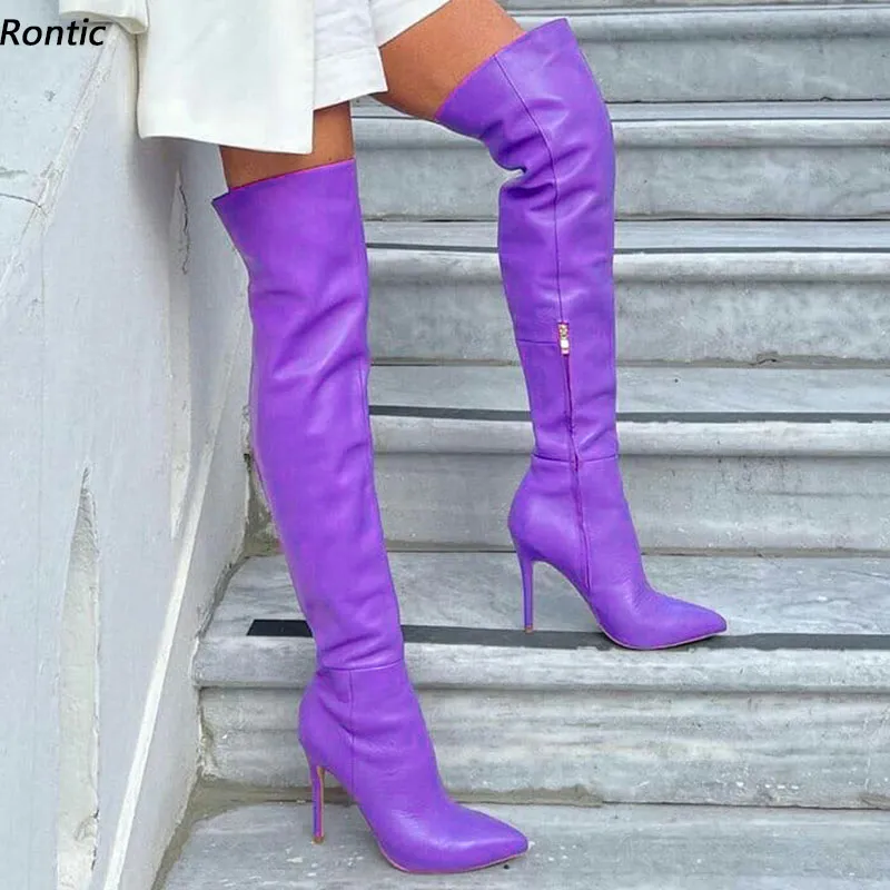 Rontic Hot Handmade Women Winter Thigh Boots Matt PU Zipper Stiletto Heels Pointed Toe Fabulous Purple Party Shoes US Size 5-15