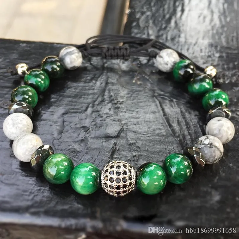 Natural Gray Map Stone Bracelet Pave CZ Charms Bracelet For Men Jewelry Green Tiger Eye Stone Pulseras homme Buddha Bracelet