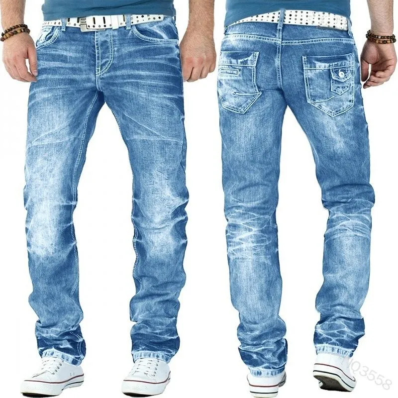 WEPBEL Men's Bleached Jeans Denim Trousers Loose Straight High Waist Men Jeans Pockets Button