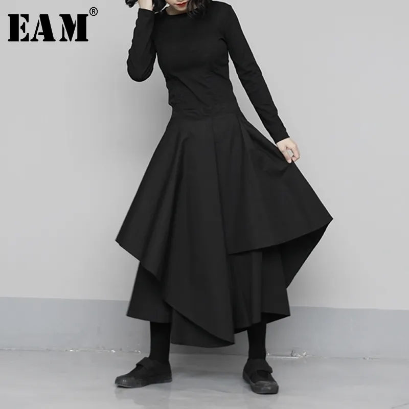 [Eam] 높은 탄성 허리 블랙 비대칭 넓은 다리 바지 새로운 느슨한 맞는 바지 여성 패션 조류 봄 가을 1N683 201031