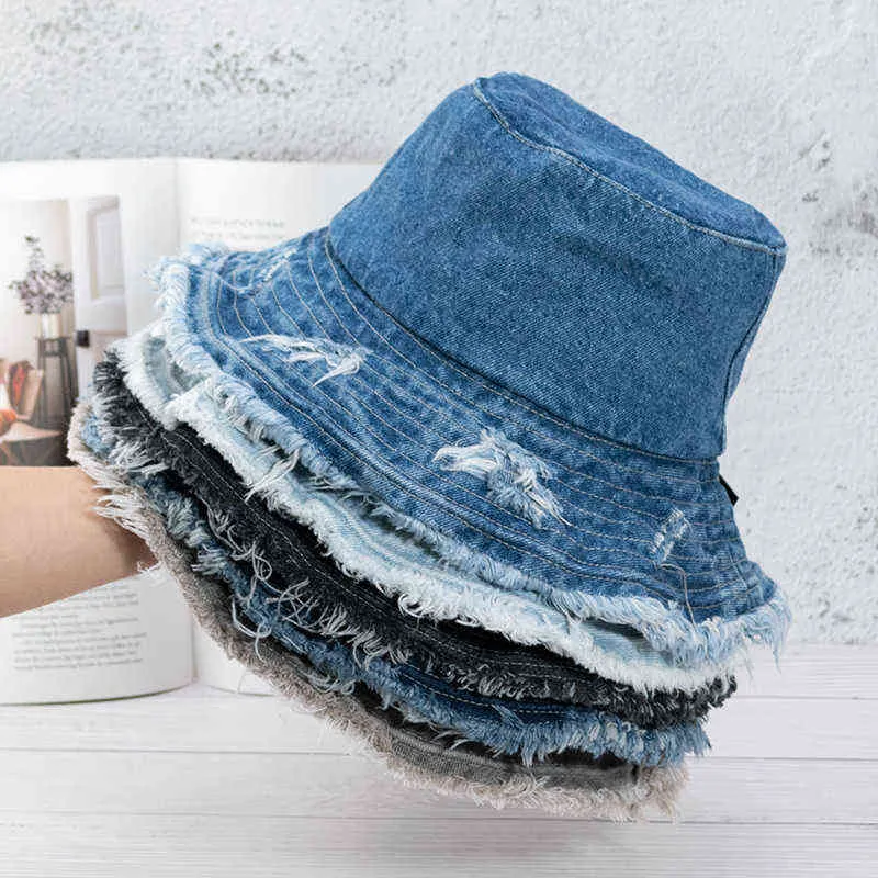 DHgate MAXSITI Washed Cotton Bucket Hat for Women Stylish Denim Fisherman Hat with Tassels and Wide Brim Fashion Accessories