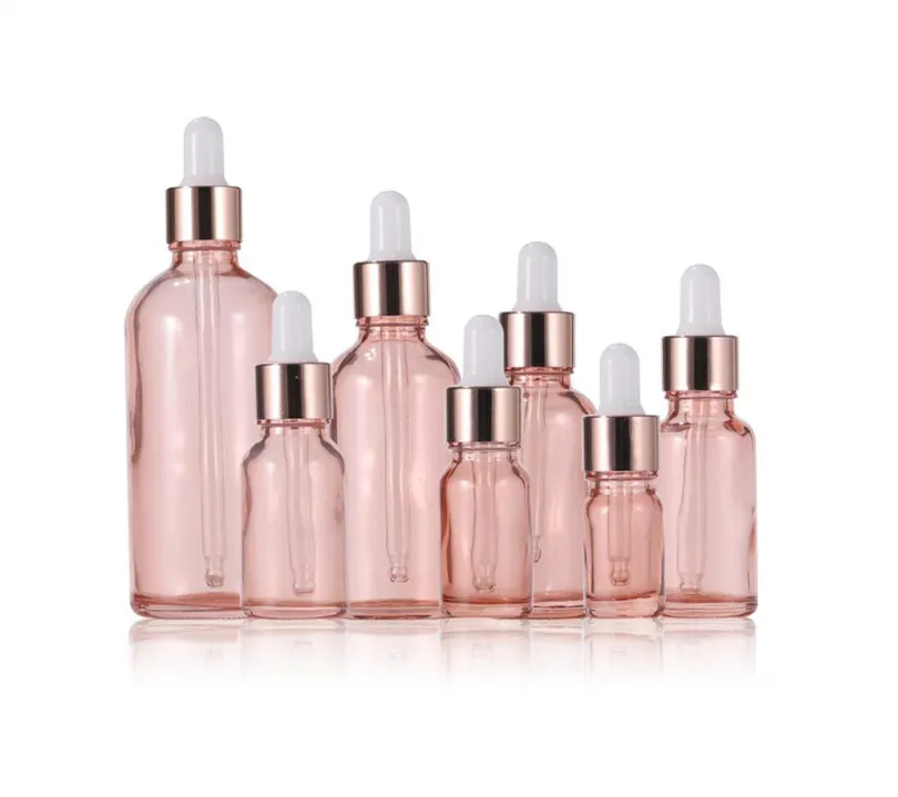 Rosa glasflaskor med Rose Gold Lid Essential Oil Dropper Flaskor 5 ml 10 ml 50 ml Refillerbara flaskor Travel Cosmetic Container