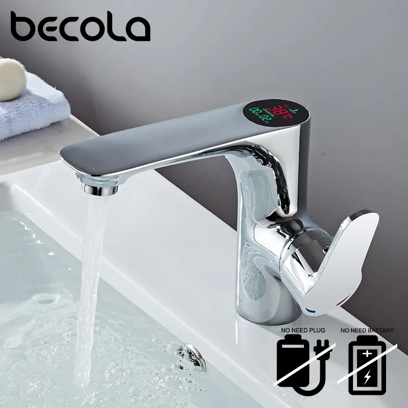 Becola LED 지능 온도 디지털 디스플레이 수도꼭지 욕실 단단한 황동 크롬 분지 탭 콜드 샷 전원 수도꼭지 T200710