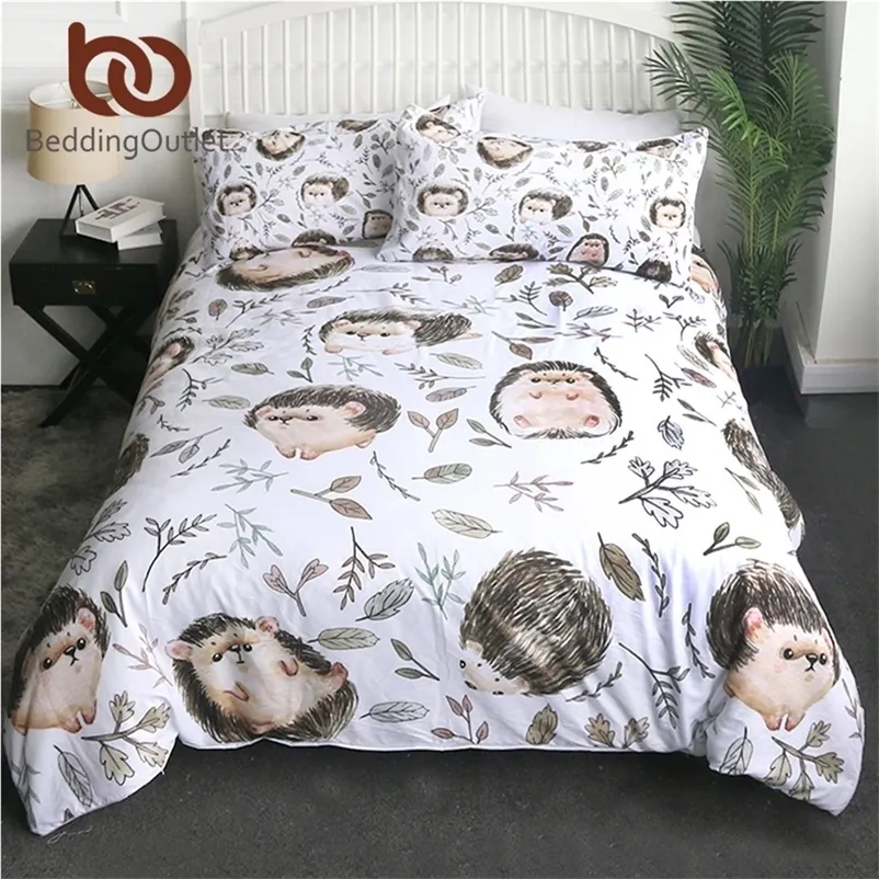 BeddingOutlet Hedgehog Quilt Cover Cartoon Kids Juego de cama Hoja Floral Colcha Marrón Edredom Unicornio Animal Ropa de cama 3pcs 201021