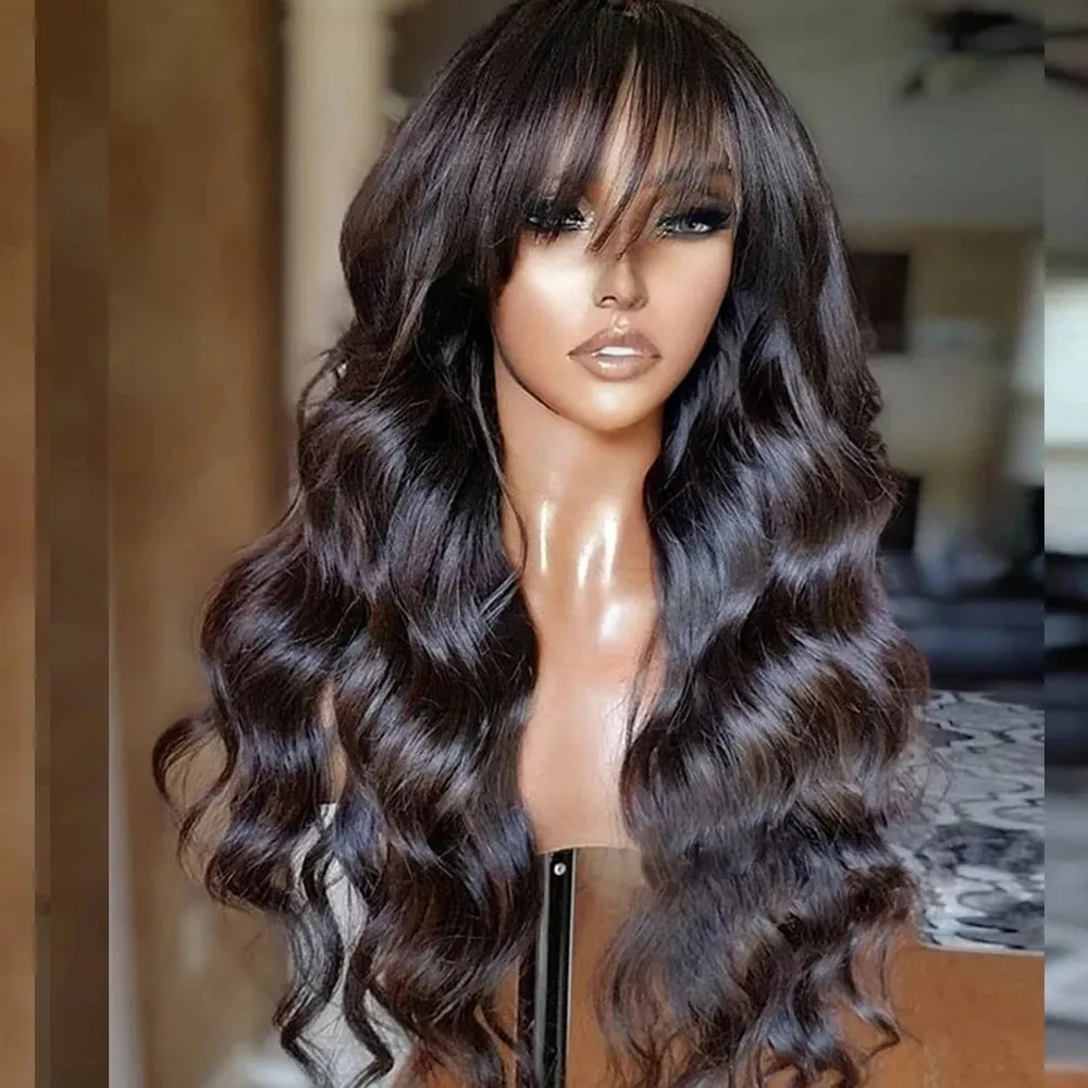 Fringe Wig Human Hair Pruiken met een pony Volledige machine gemaakt Braziliaanse lichaamsgolf pruik natuurlijke mensenharen voor vrouwen gluueless remy