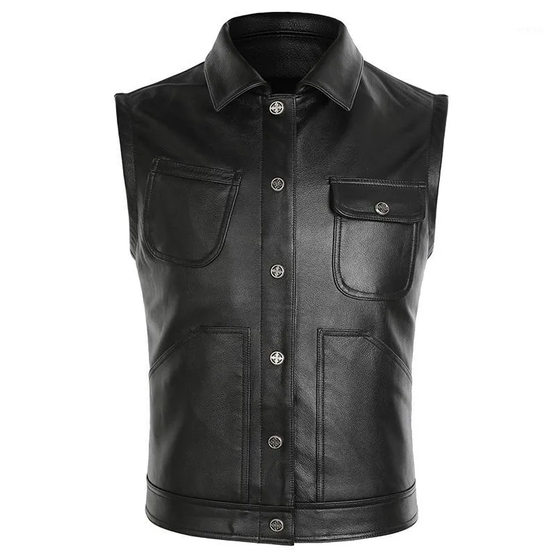 Gilets pour hommes 2021 Noir Hommes Court Biker's Cuir Plus Taille XXXXL Simple Boutonnage Véritable Cowhide Printemps Slim Fit Moto Vest1