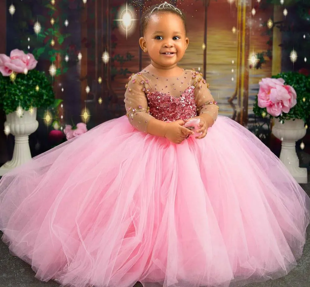 Pembe Kristaller Çiçek Kız Elbise Sheer Boyun Uzun Kollu Küçük Kız Gelinlik Ucuz Communion Pageant Elbiseler Abiye V46