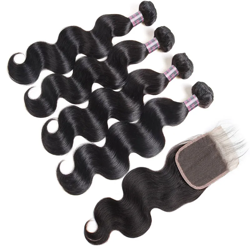 Indian Water Wave Human Hair Bundles With Closure Peruvian Wet and Wavy Hair 4 Bundles Malaysian Body Wave Deep Loose Hair Extensions