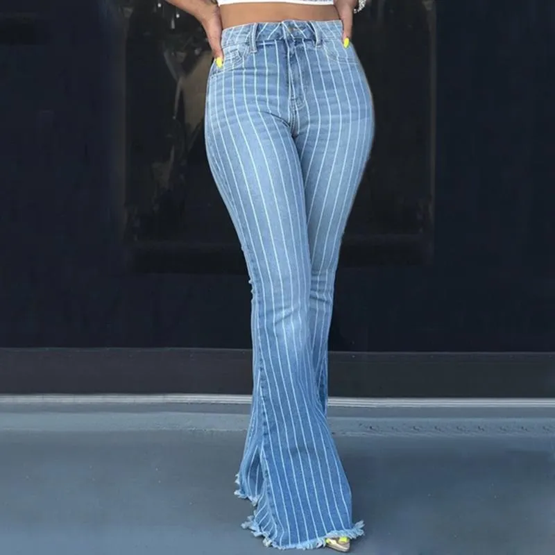 Fashion Casual Ladies Skinny Stretch Denim Pants Womens High Waist Jeans Striped Jeans Wide Leg Bell-bottomed Trousers