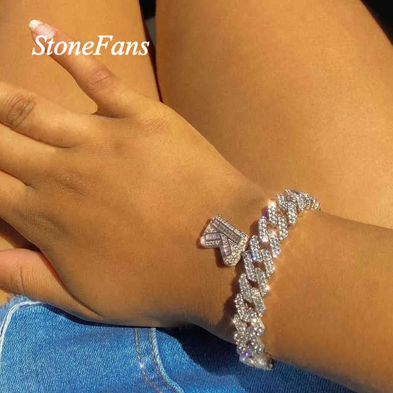 Stonefans Hip Hop Miami Küba Link Bilezik Kadınlar için Buzlu Mektubu Bling Baguette Mektup Bilezik A-Z Baş harfleri Jewlery 220210