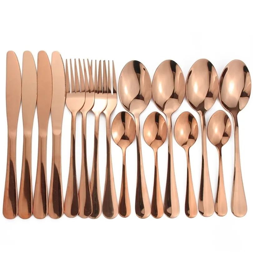 16pcs Shiny Cutlery Sets Wedding Tableware Silverware Travel Set Copper Rosy Forks Knives SpoonsDrop 220314