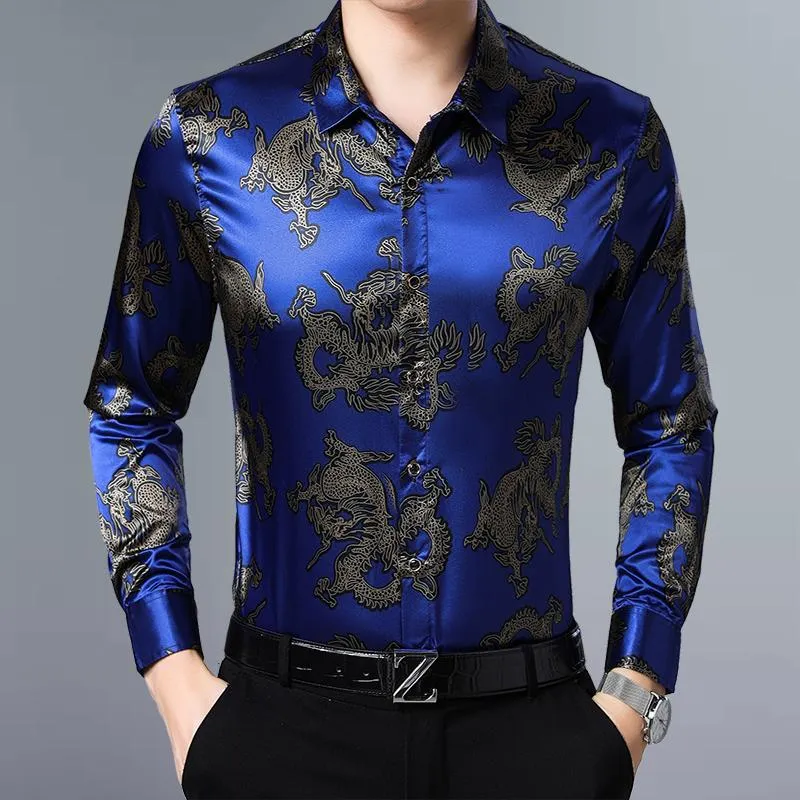 Heren Casual Shirts Dragon Gedrukt Mens Satijn Koninklijke Blauwe