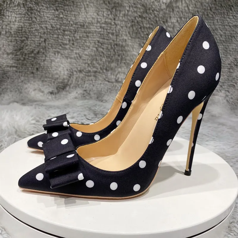 Fashion women Shoes Spring Summer Women`s Sexy Pumps 12cm High Heels Patent Leather bow black withe pointy Wedding Heel