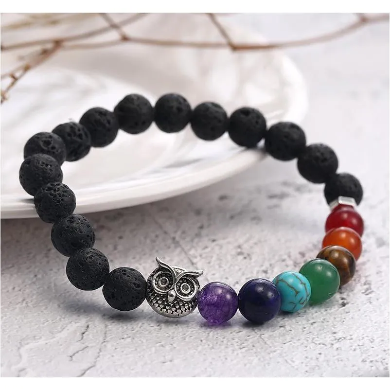 handmade 8mm 7 chakras natural lava stone beads bracelet for men buddha head tree of life owl elephant charm bracelet fashion jewelry