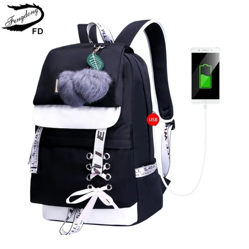 Fengdong Mode schwarz rosa wasserdicht Nylon Schulrucksack für Mädchen koreanischen Stil niedliche Bowknot Kinder Taschen 201117