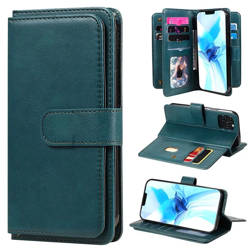 10 карт бумажник случай для IPhone 12 мини 11 Pro Max Магнитного кожаного чехла для телефона Samsung S20 FE A71 Примечания 20 Ультра