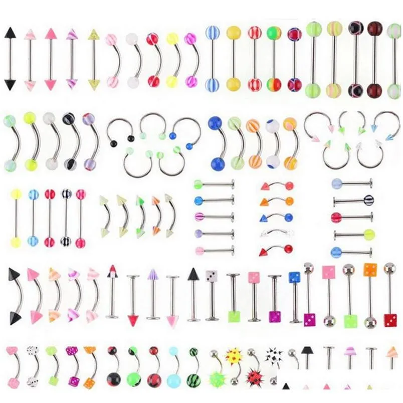 Göbek Yüzük Toptan Promosyon 110 PCS Karışık Modeller/Renkler Vücut Takım Seti Reçine Kaş Kabağ Göbek Göbek Dudak Dil Dil Burun Piercing Bar 4tei5