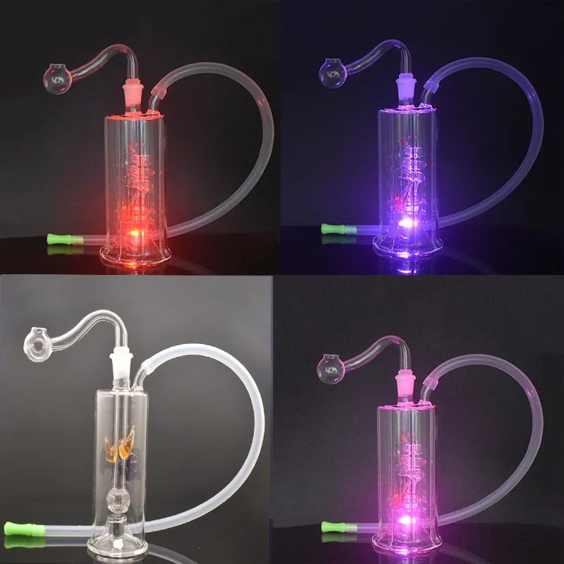 Quemador de aceite de vidrio reciclado Bong con luz LED Hookah Shihsa Pipas de agua Bongs Espiral Perc con tubos de quemador de aceite macho de 10 mm y puntas de silicona