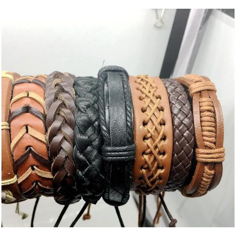 20pcs lots vintage mens genuine leather surfer bracelet cuff wristband fashion jewelry gift mixed style bracelet